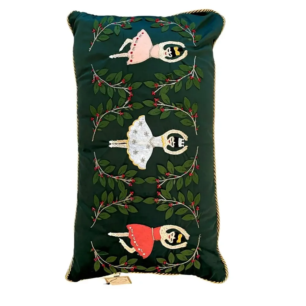Nutcracker Embroidered Green Velvet Christmas Pillow 14x24 Winter Holiday NEW